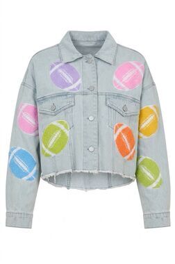 #2040.Peach Love Light Denim Football Towel Sequin Embroidered Patch Jean Jacket